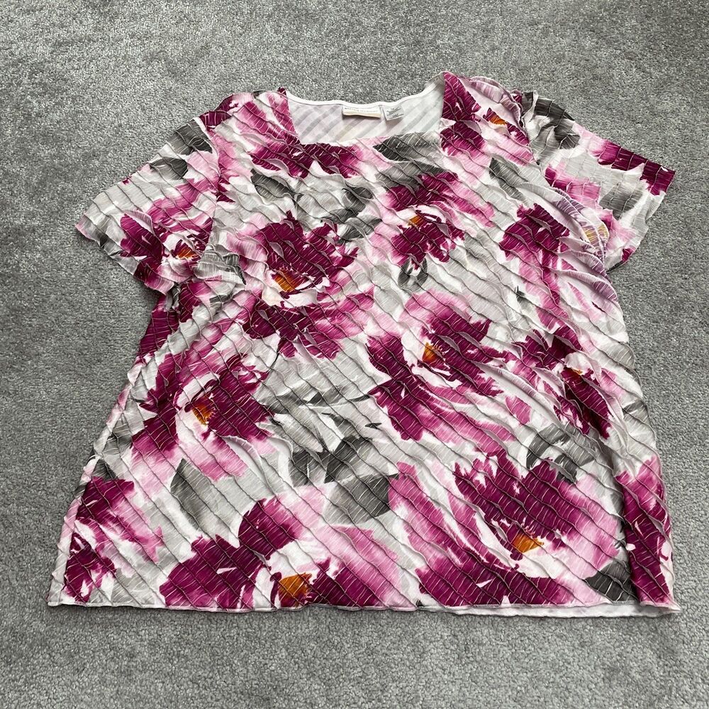 Alfred Dunner Pleated Floral Blouse Womens 1X Multi Square Neck Short Sleeve Top